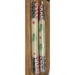 Vintage Novelty Christmas Taper Candles Red Green Trees Scribbles 9.5" NOS